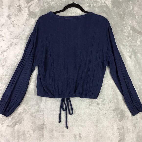 White Willow Women’s Navy Ribbed Long Sleeve Cropped Top Drawstring Hem Sz M - Picture 5 of 13
